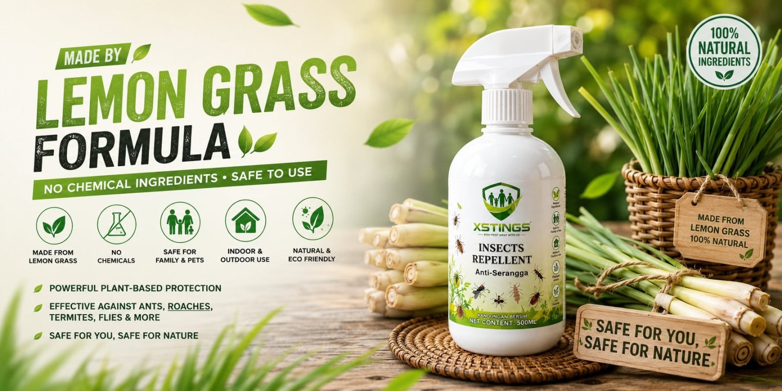 Made by lemongrass formula. A bottle of XSTINGS insect repellent beside fresh lemongrass stalks, labelled 100% natural, no chemical ingredients, safe for family and pets.