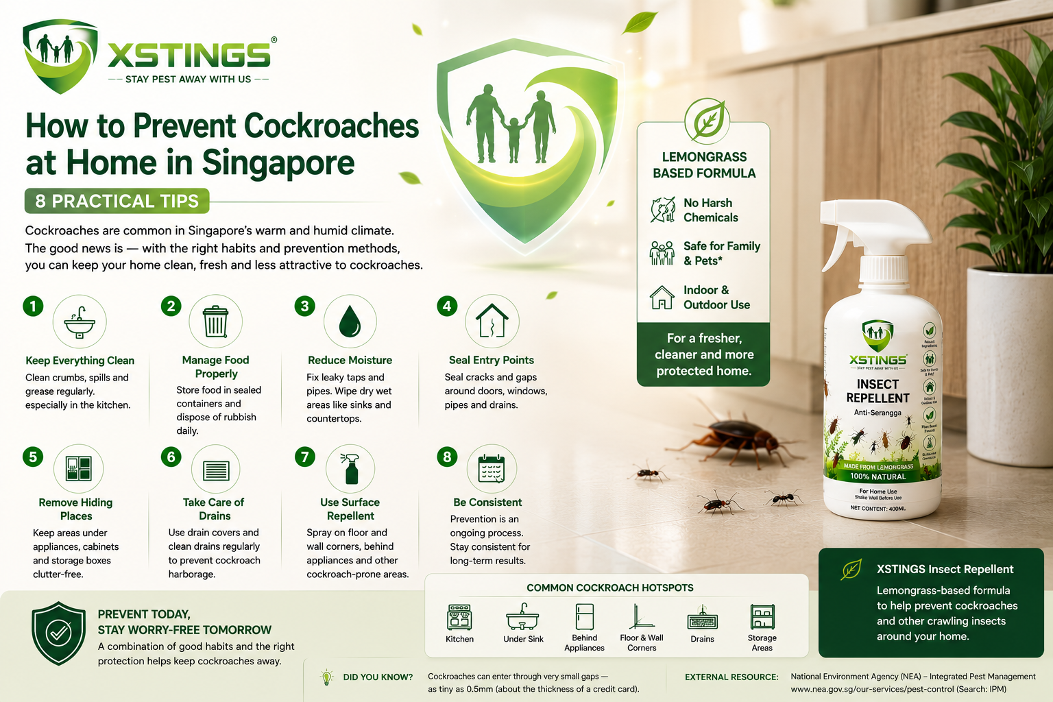 XSTINGS lemongrass insect repellent with cockroach prevention tips for Singapore homes