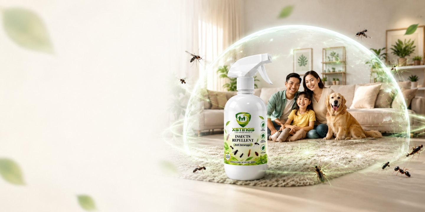 A family and their dog sitting together in a bright living room
                  inside a glowing protective dome, with a bottle of
                  XSTINGS Shop insect repellent in the foreground
                  and insects kept outside.
