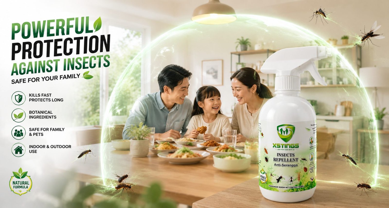 A family and their golden retriever playing on a lawn beside a decked patio, with a bottle of XSTINGS insect repellent in the foreground.