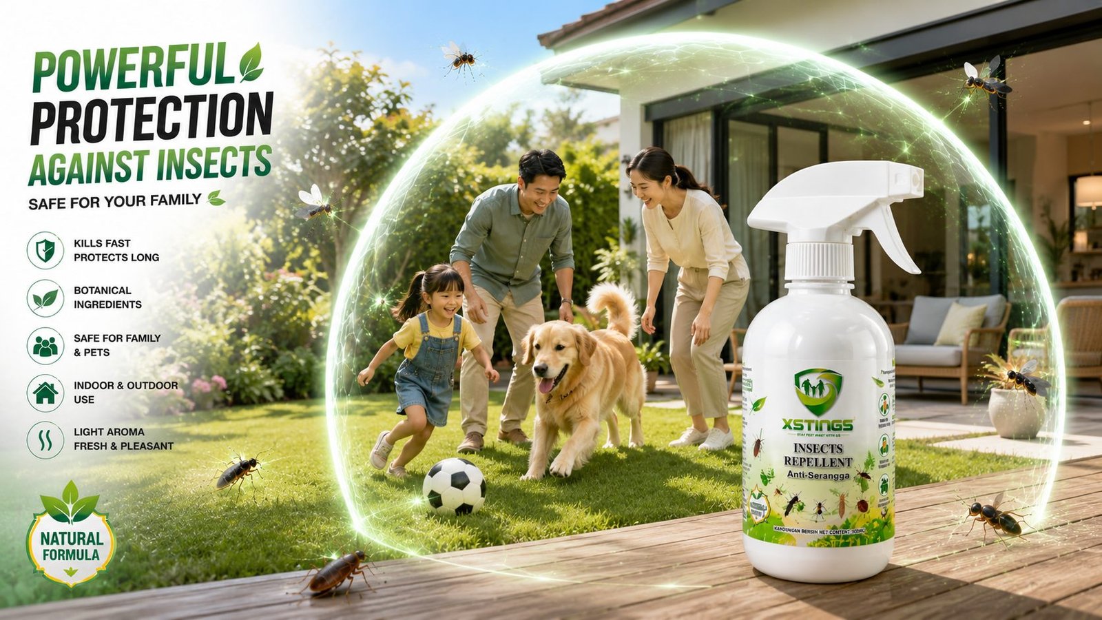 A family relaxing outdoors under a protective dome of light, with a bottle of XSTINGS insect repellent in the foreground.