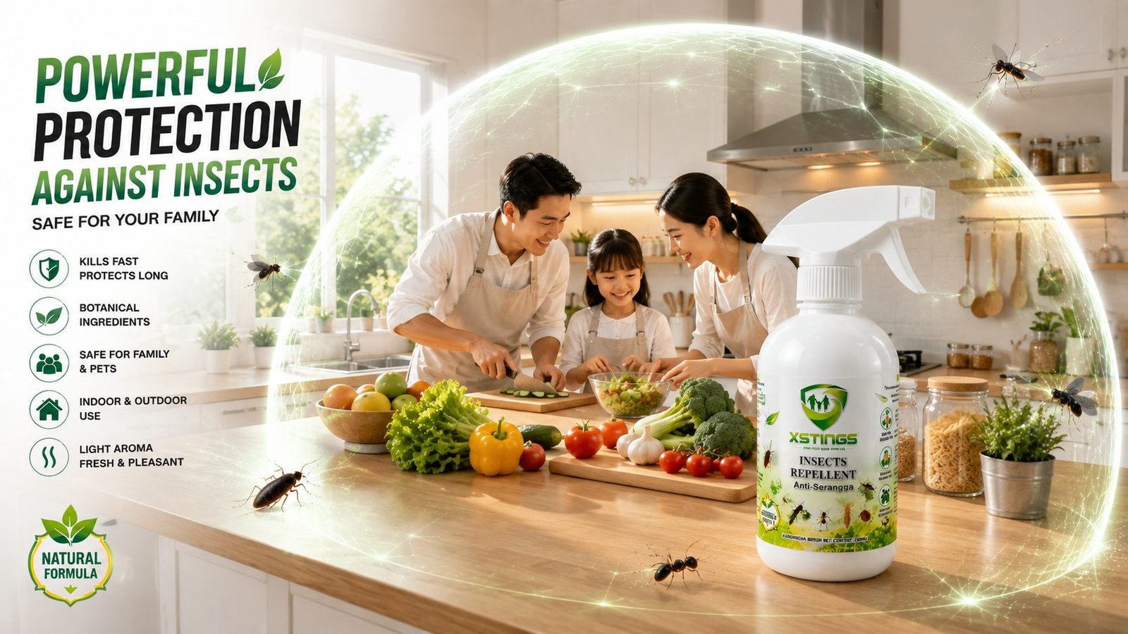 Children playing indoors in a bright living room, with a bottle of XSTINGS insect repellent in the foreground.